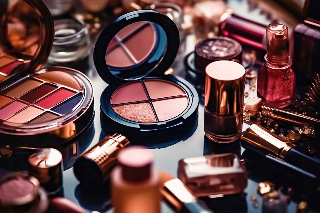 A collection of various decorative cosmetics carefully arranged on a table. Explore a wide range of beauty products, including makeup, brushes, palettes, and more, perfect for creating glamorous looks for any occasion.