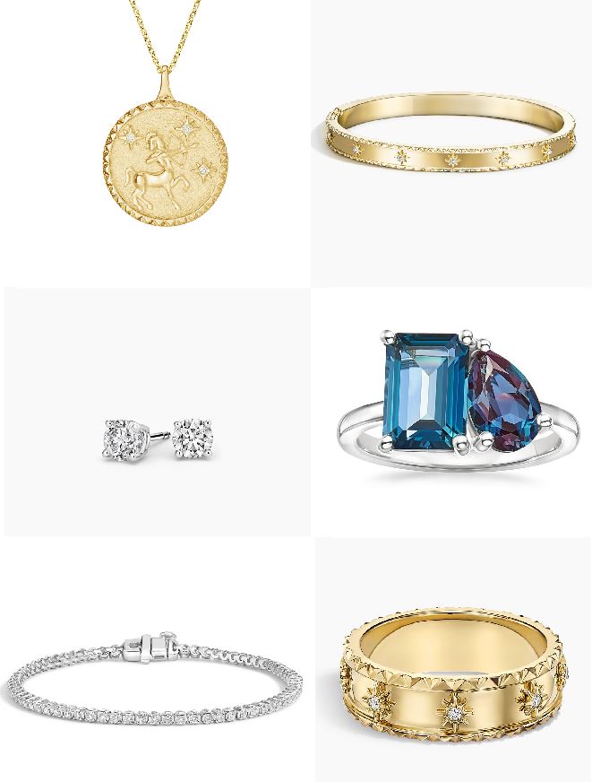 Assorted fine jewelry, including rings, bracelets, a necklace, and earrings.