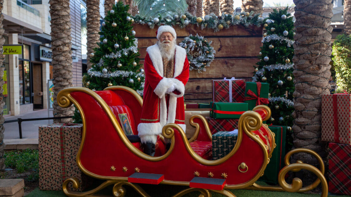 Santa standing in a sleigh with toys
