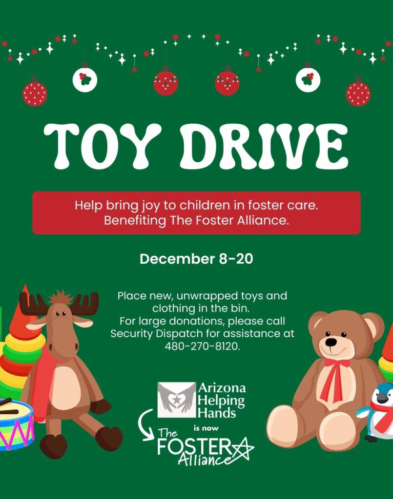 Toy Drive Flyer with toy graphics and text: December 8-20. Help bring joy to children in foster care.
