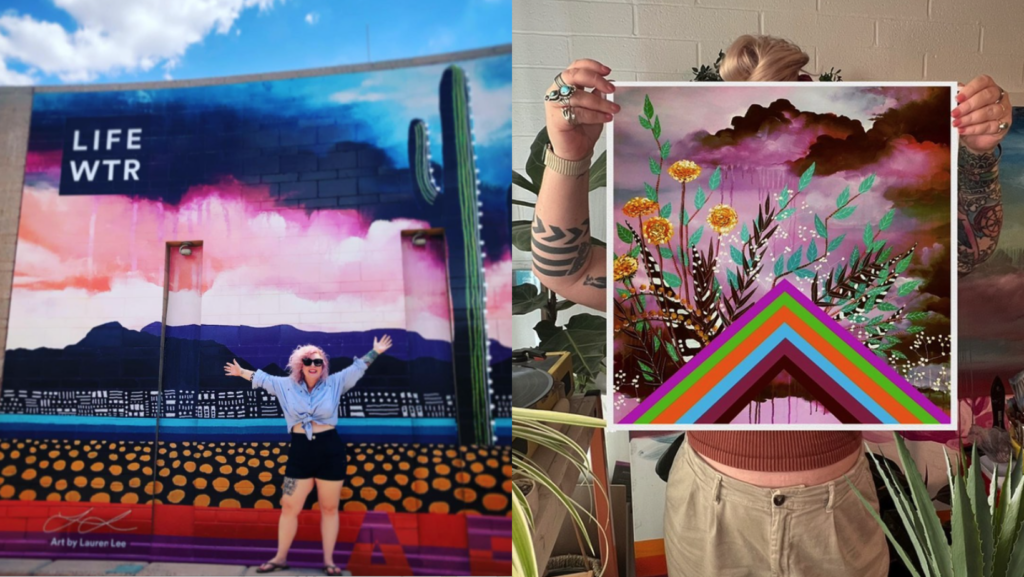 lauren lee standing with her arms up in from of a abstract painted mural. and an image of her holding a flower painting with a rainbow triangle.