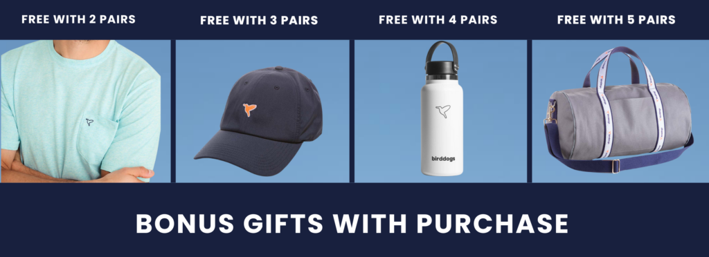Shirt, hat, water bottle, and duffle bag in a row, with text: "Bonus Gifts with Purchase"