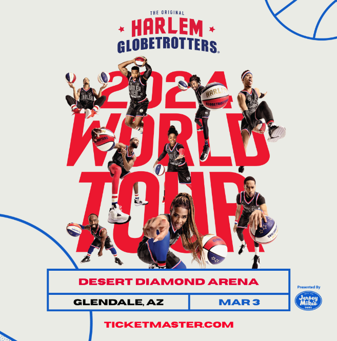 eight men and women with basketballs posing with Harlem Globetrotters 2024 World Tour text