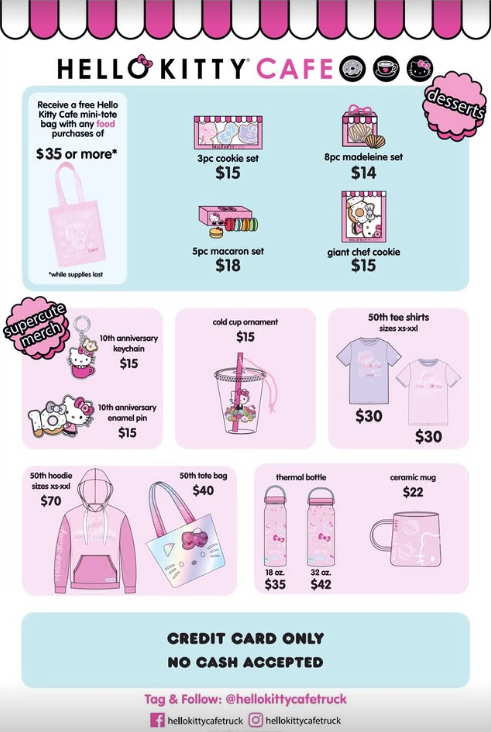 Menu of Hello Kitty Merchandise available on the truck