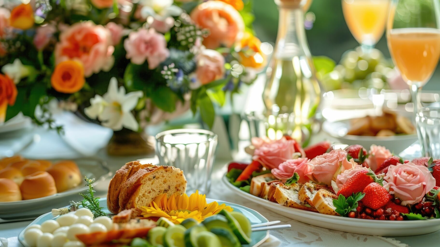 This image showcases an elegant and inviting Mother s Day brunch setting featuring a beautifully arranged table with a stunning floral centerpiece delicate glassware and an array of tempting dishes