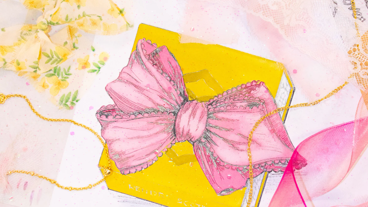 A drawing of a yellow box with a pink bow