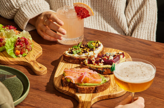 Appetizers and drinks on a wooden table
