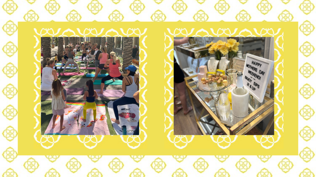 Photo collage of outdoor fitness class and mimosa bar