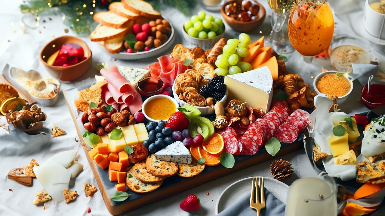 A large, colorful charcuterie spread.