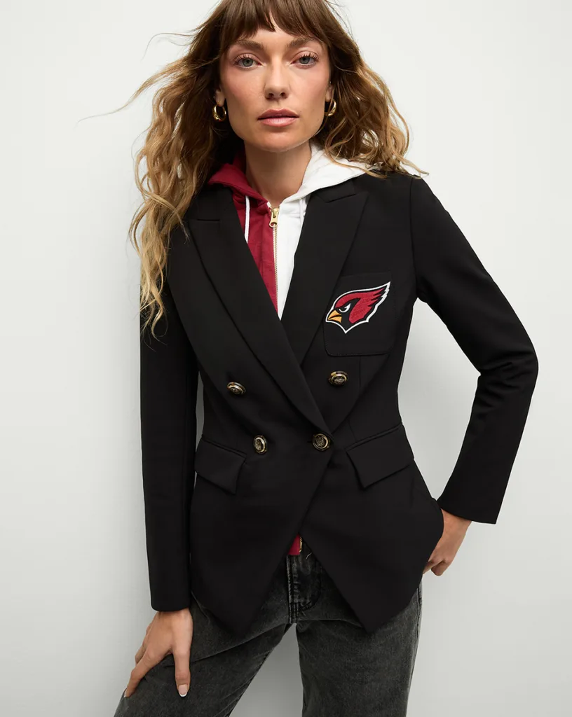 A woman in an Arizona Cardinals dickie jacket from Veronica Beard