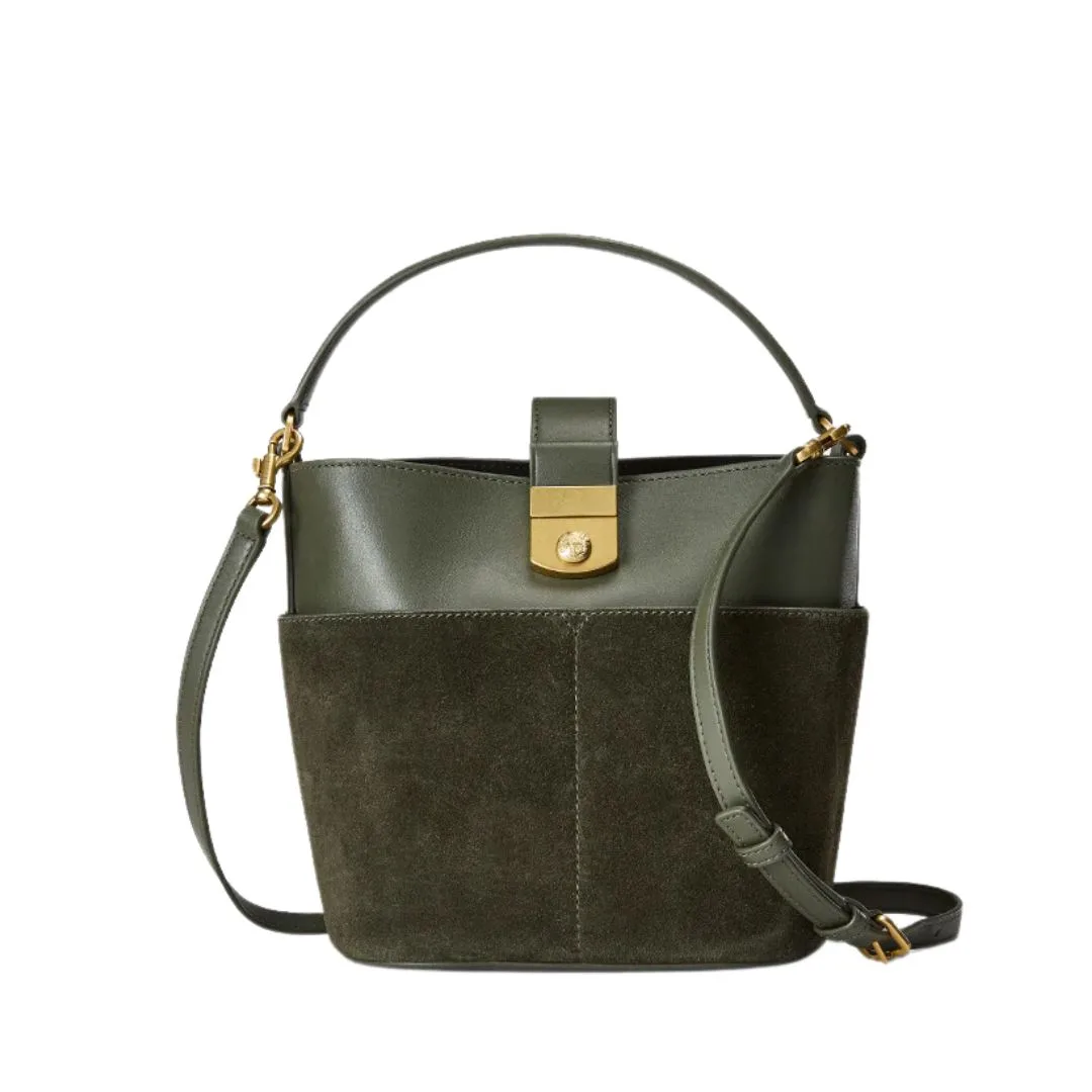 a green suede bucket bag