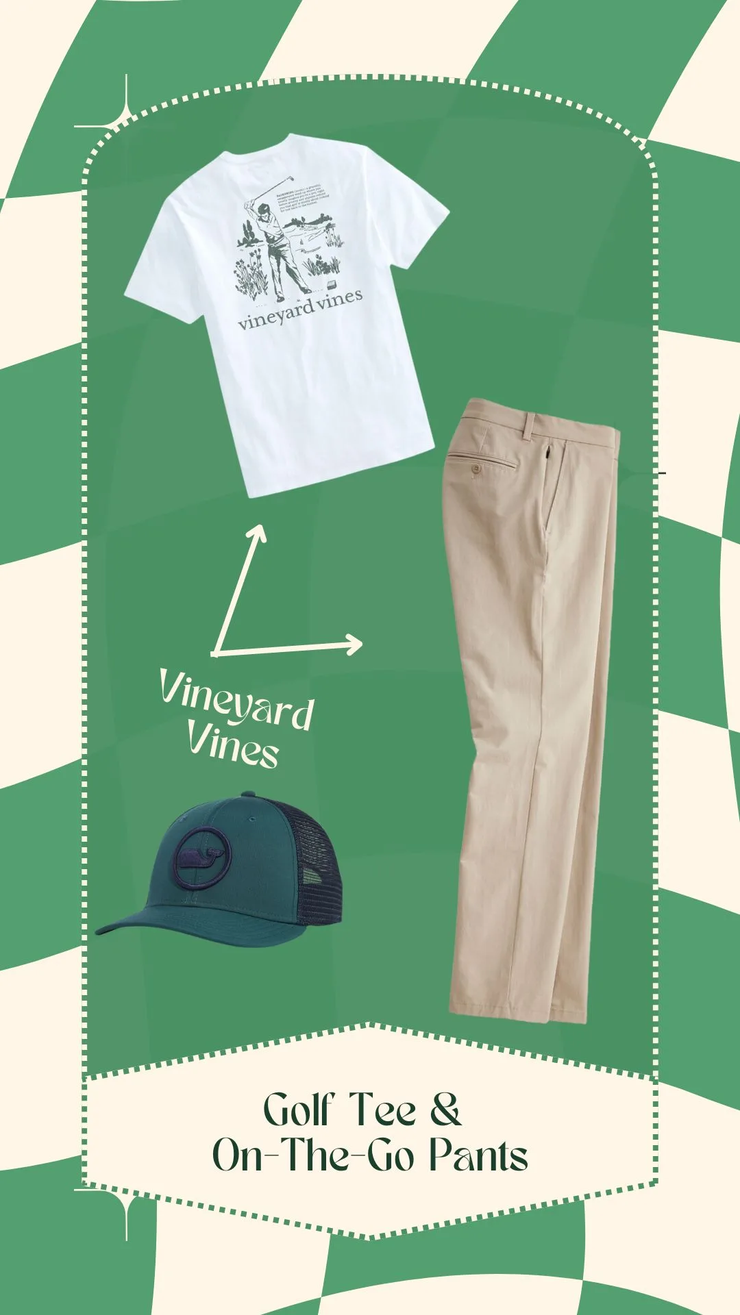 a white tee, tan pants and a hat from vineyard vines