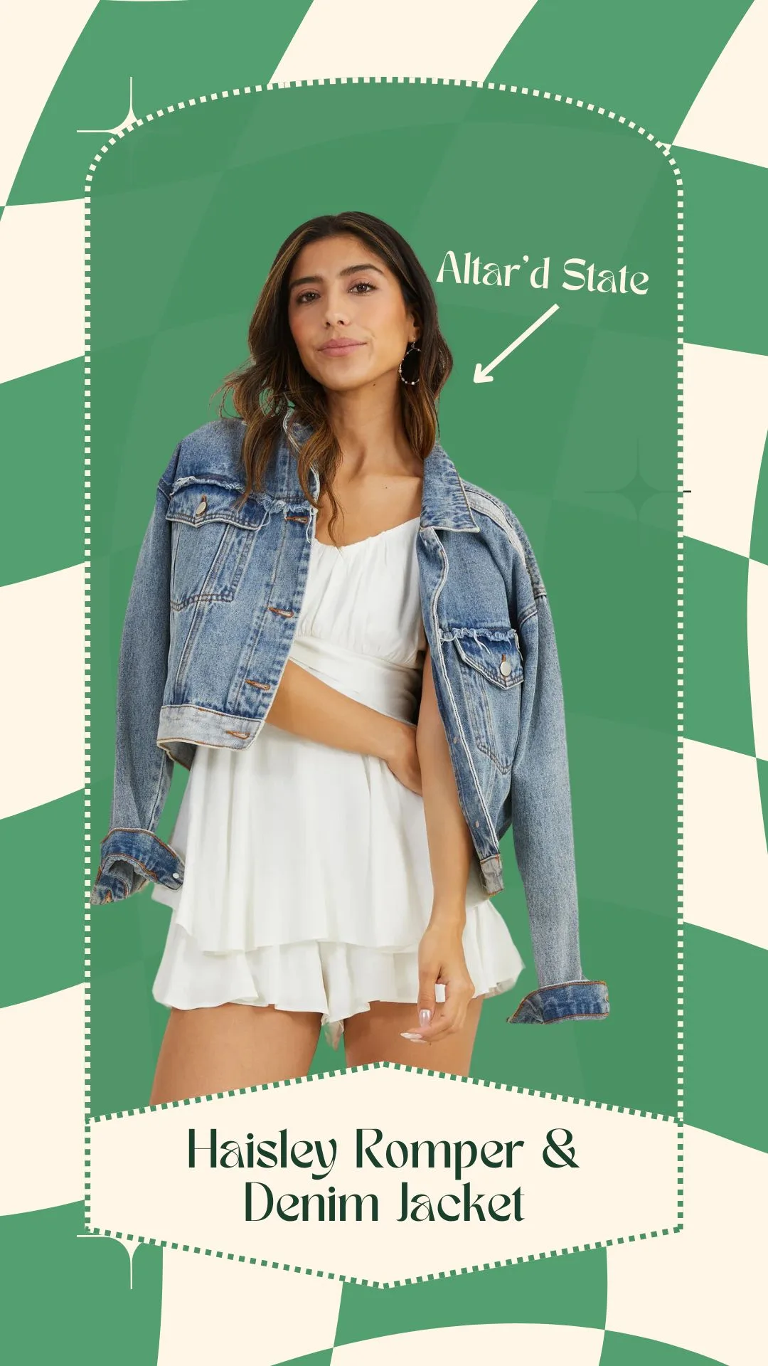 a girl in a jean jacket and white romper mini dress