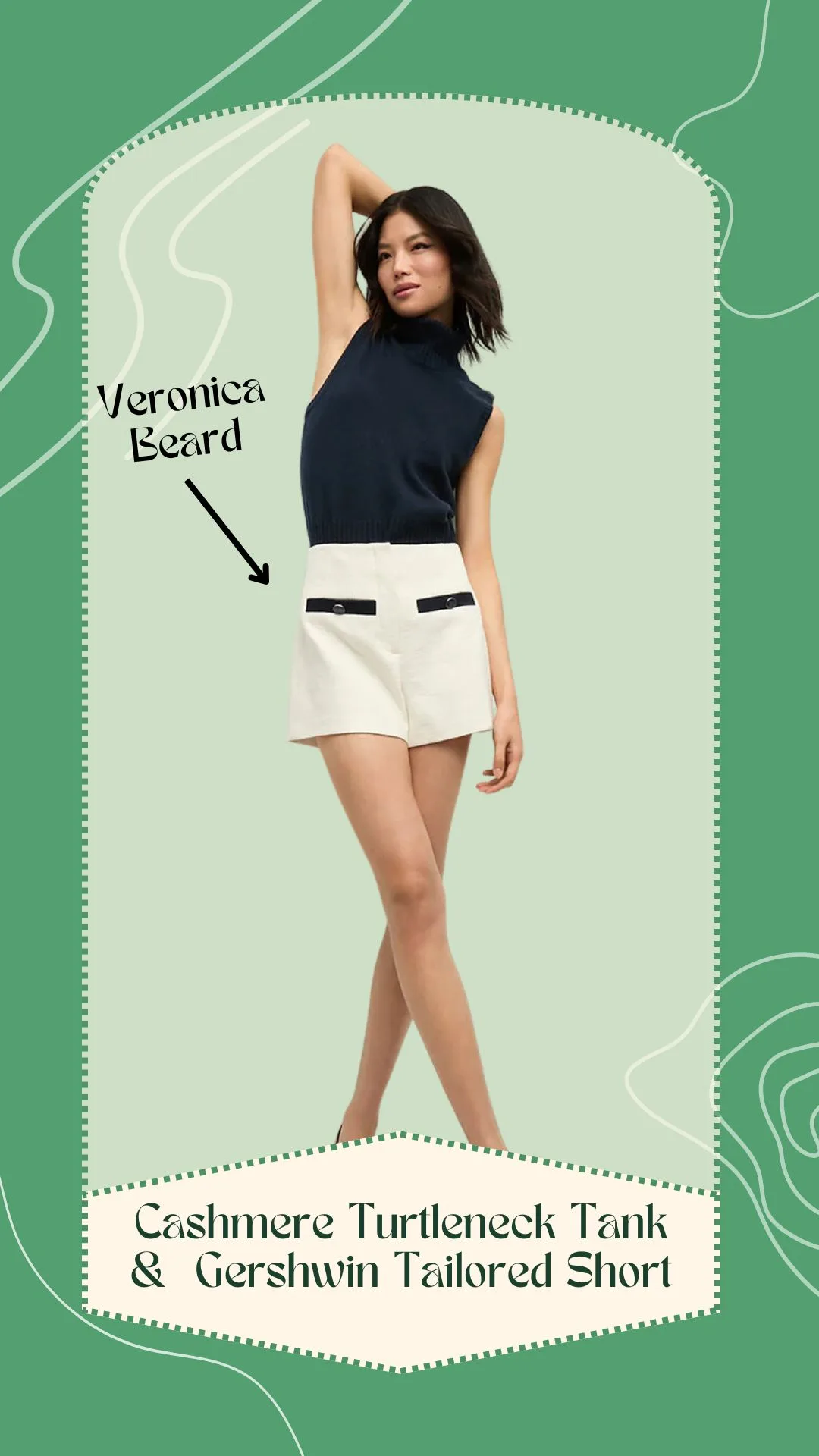 a woman wearing white shorts and a navy turtleneck tank from Veronica Beard