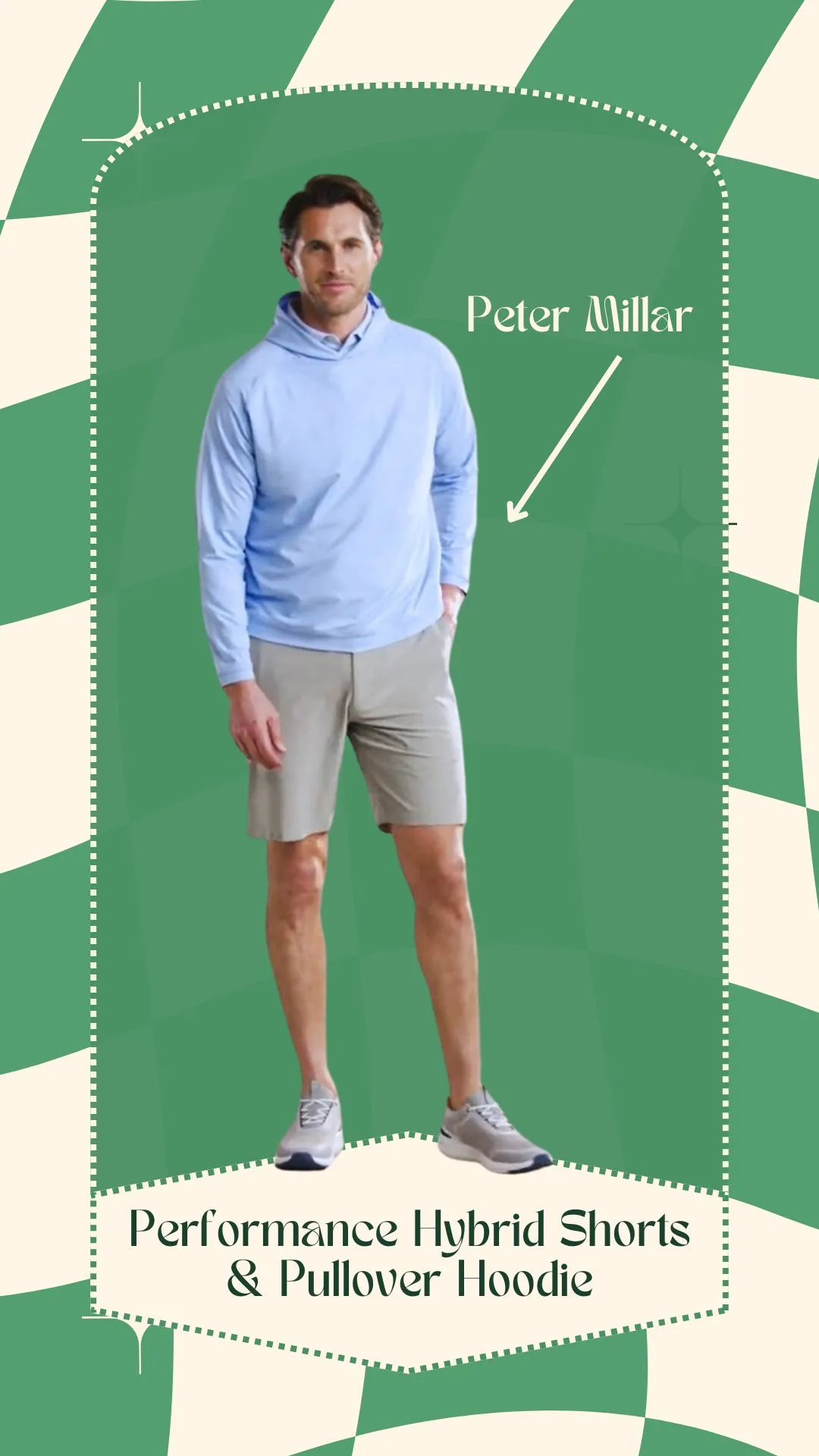 a man wearing a pullover hoodie and tan shorts from Peter Millar