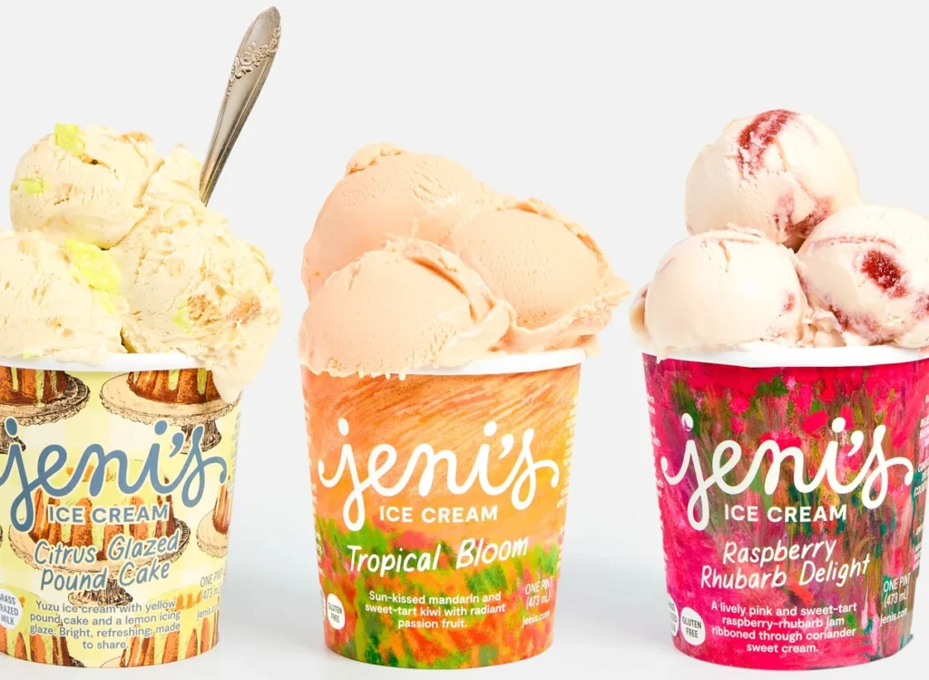 Three pints of different ice cream flavors.