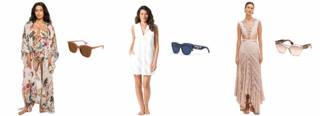 Collage of swimwear and sunglasses
