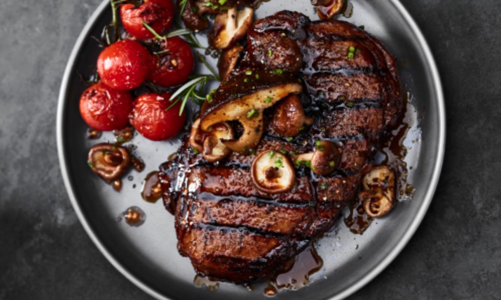 A plated grilled steak