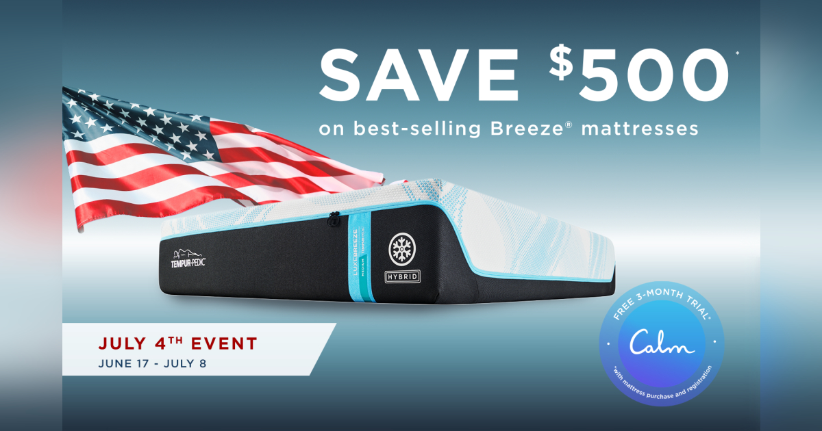 Tempur-Pedic mattress with "Save $500" text and American flag.