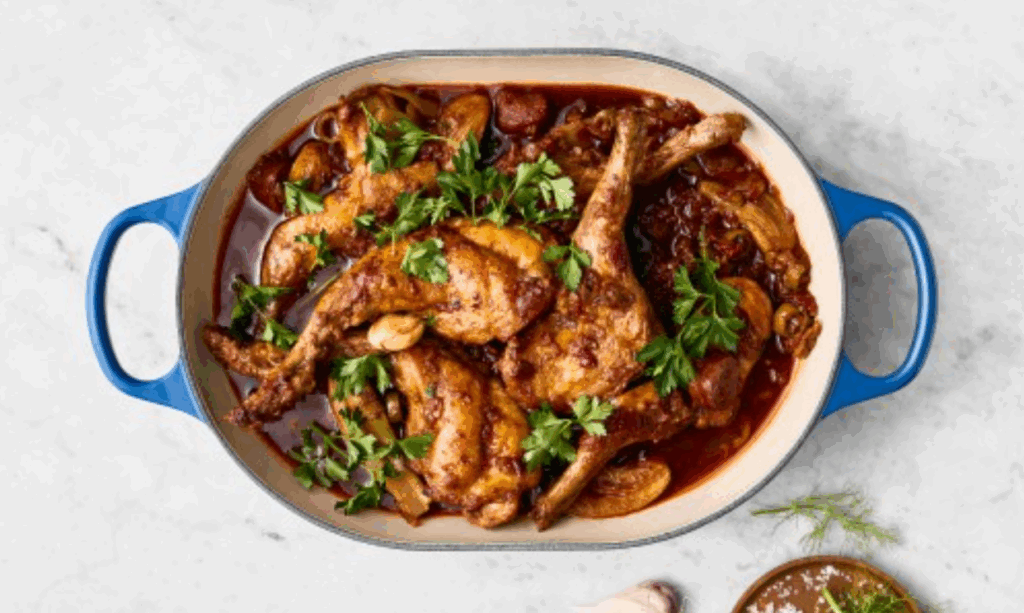 An oven dish filled with chicken and sauce