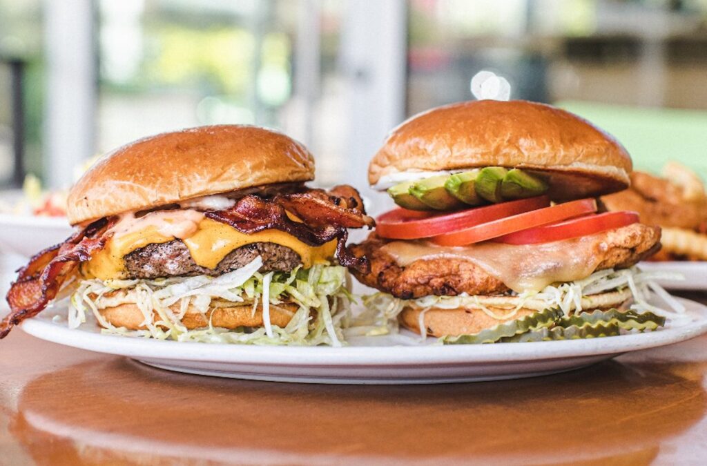 burger and chicken sandwich on a plate