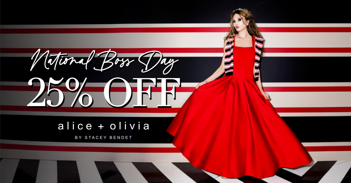 sale flyer with a woman in a red dress