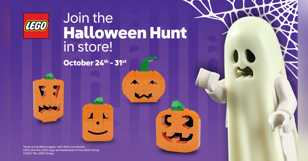 Event flyer with a LEGO ghost and pumpkins