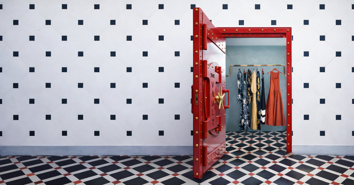 A red vault filled with clothing