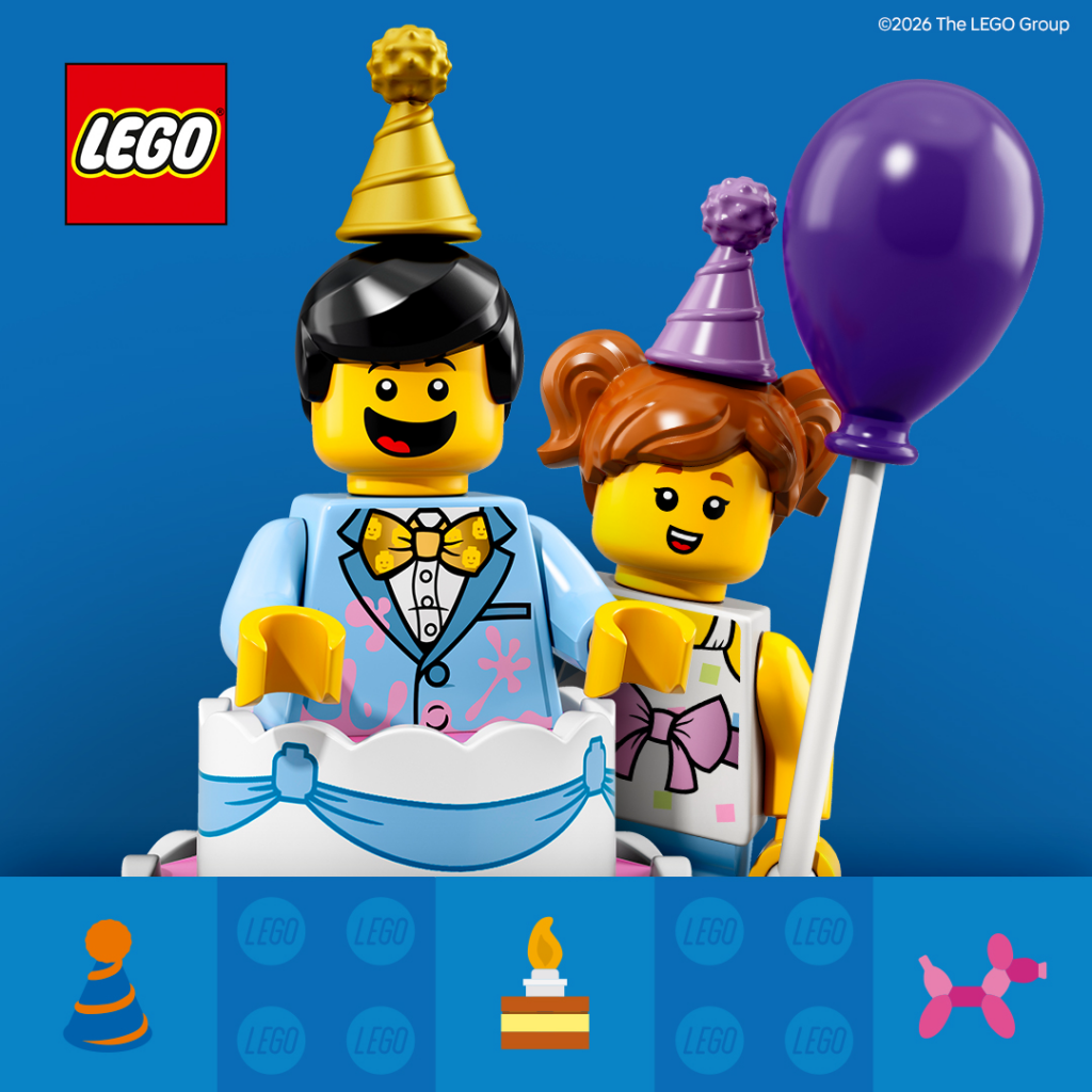 LEGO characters with party hats and cake