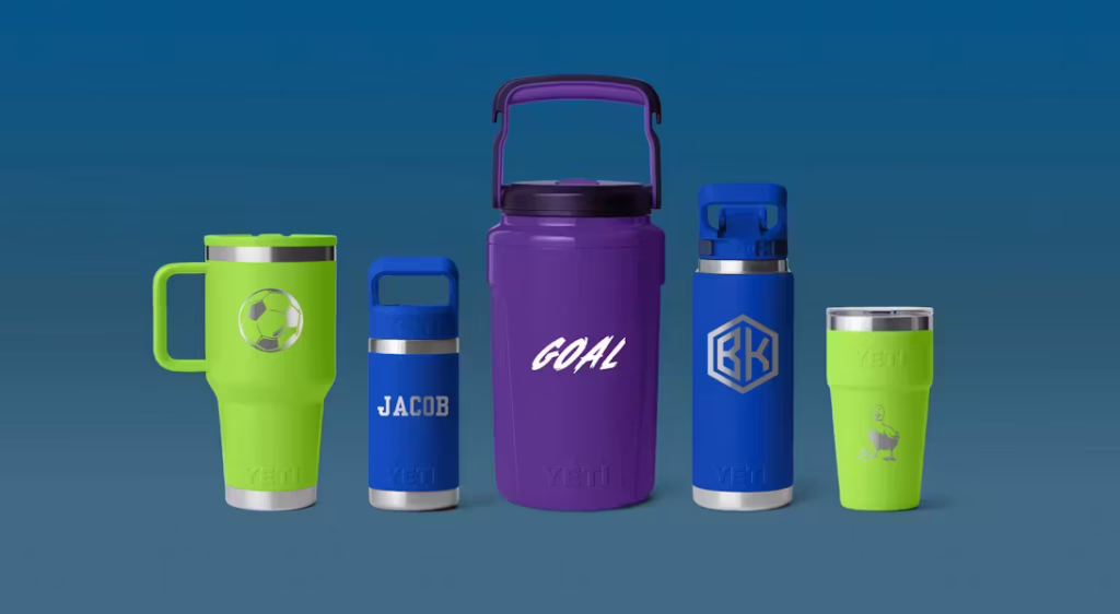 A row of customized YETI drinkware