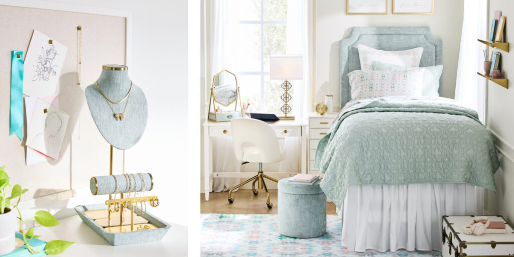 A stylish dorm room from Pottery Barn